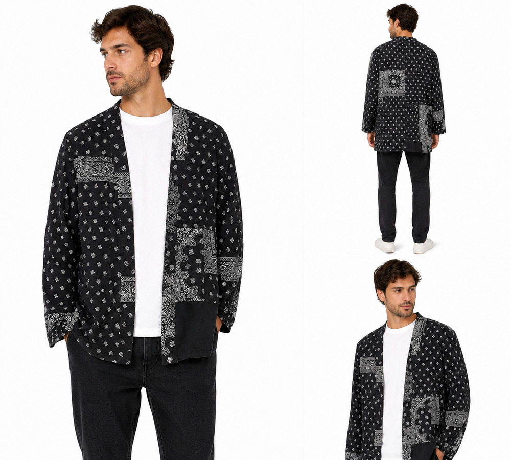 BERSHKA BLACK WHITE BANDANA PAISLEY PATCHWORK KIMONO JACKET MEN SIZE S COTTON